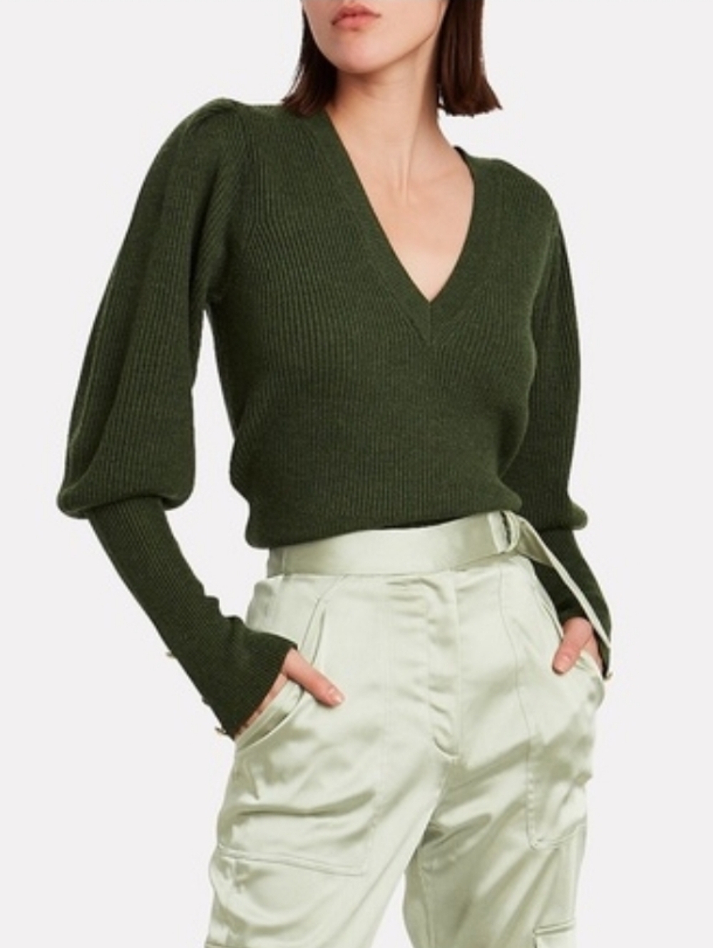 Veronica Beard Green Merino Wool Sweater Esme Puff Sleeve Womens Small